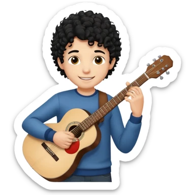 A boy with black curly hair Smiling and holdijg a guitar  sticker