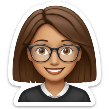 emoji of a tan woman with brown eyes and brown shoulder length hair, smiling and working sticker