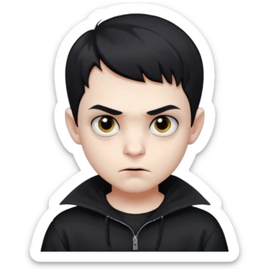 Vampire boy with the short black hair, pale-white skin, black eyes, little fangs and dark circles under his eyes. He has serious face and he wear a black oversize sweatshot sticker