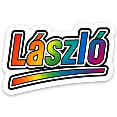The name 'László' in a masculine, modern font with gradient coloring, precise Hungarian characters, dark contour, extra thick and prominent white letter outline, dynamic slanted underline, rainbow gradient colors, 1000x1000 px, PNG format, transparent background sticker