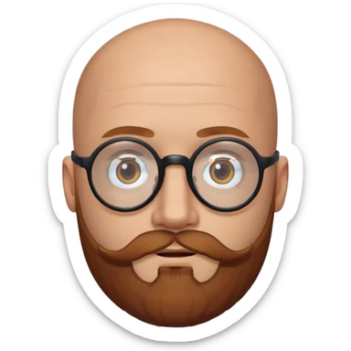 emoji 32-year-old white man, bald with a chestnut beard and mustache, small head with round black glasses. sticker
