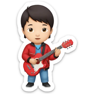 guitar rock player, baby asian head, red jacket sticker
