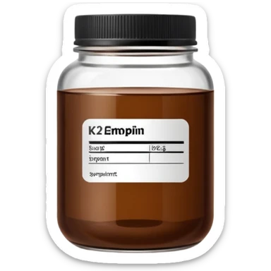 brown glass jar of supplements with white label, black thin title K2  sticker