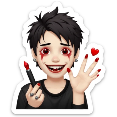 Laughing pale Goth boy with a bunch of face piercings, with shaggy dark brown hair, and messy black eyeliner , smudged, red, lipstick and rock on hand sticker