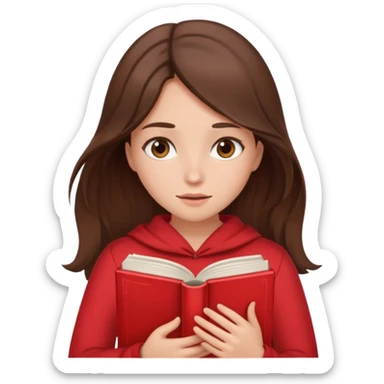brunette girl with brown hair wearing red clothes covering her face with book sticker