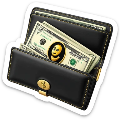 Rich emoji style black leather wallet with dollar bills, luxury money vibe, premium 3D emoji, ultra clean, high detail, no background
 sticker
