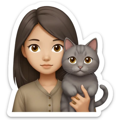 a chinese longhair girl wearing a brown shirt with a grey cat sticker