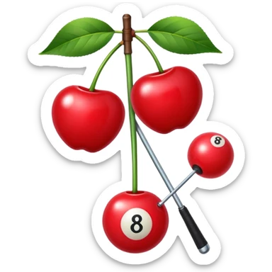 cherries with a bow on the stem, one cherry has an eight ball design and one has a club design sticker