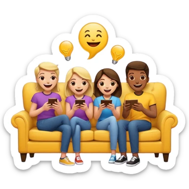 group of friends on couch playing a trivia game couch should be deep dark yellow color sticker