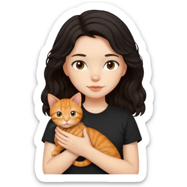 Girl with medium length black wavy hair in a black t shirt holding a ginger cat sticker