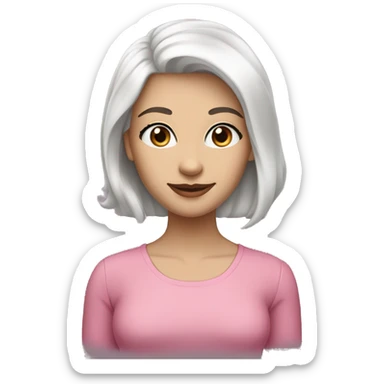 A woman in a standing position, her appearance can be described by the following characteristics: black shoulder-length hair, fair skin, blue eyes, a thin graceful nose, a beautiful smile and pink gloss on her lips. She is dressed in sticker