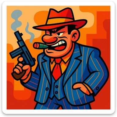 gangster character, highly cartoonish, exaggerated vibrant toon style sticker