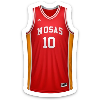 Cinematic Realistic image of a basketball jersey rendered in bold team colors with finely textured fabric and realistic creases, set against an energetic court backdrop with bright, dynamic lighting sticker