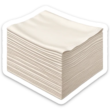 neat stack of soft white paper napkins, rectangular, slightly textured edges, faint embossed border, top napkin slightly curled, soft lighting, subtle shadows, emoji scale sticker