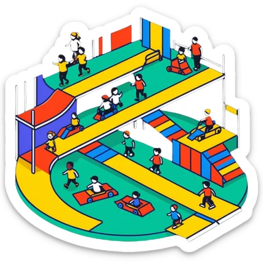 cartoon inclusive activity space with bright colors, ramps, and diverse people sticker