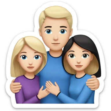 3 people. Throuple. Blank woman with blond hair and blue eye color on left. And also a blank man with black hair and grey eye color in the middle. And a blank woman with brown hair and grey eye color on the right. Holding each other  sticker
