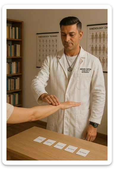 a middle-aged man in a calm, well-lit studio, wearing casual professional attire, performs a classic muscle test on a client’s outstretched arm. On a nearby table, there are small envelopes or vials labeled “testimone” representing samples or objects connected to a distant person. The atmosphere is focused and serene, with books and charts about kinesiological techniques in the background. sticker