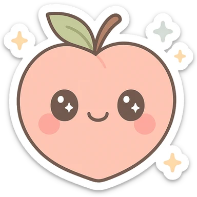 cute cartoon peach with a smiling face, big eyes, pink cheeks, simple style sticker