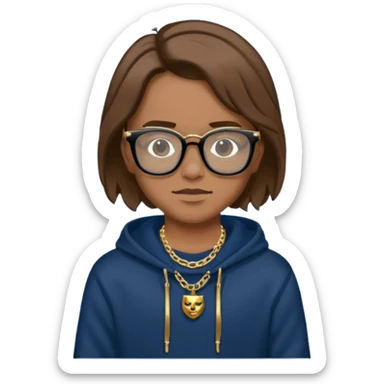Brown hair with black glasses and the lends of glasses are black and a dark blue hoodie that says caylus kingdom with black pants and a gold chain sticker