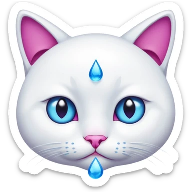White cat, emphasized sad face, blue water tear drop below one eye, magenta eyes, black background, cute cartoon style sticker