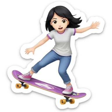 girl with black hair crashing off a skateboard, surprised expression, action lines, playful emoji look sticker