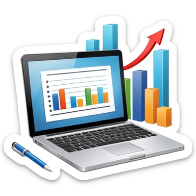Icon for Business Reading: a prominent book at the forefront, laptop and notepad around it, along with a bar graph and symbolizing ideas and growth. The icon should represent the knowledge and strategy of business literature. Transparent background. sticker