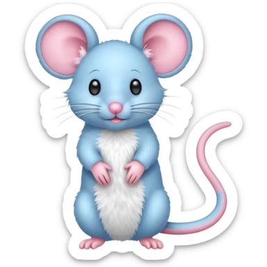 A small, light blue, fuzzy toy mouse with pink ears and a pink nose sticker