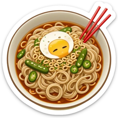 Wuhan hot dry noodles with sesame paste and pickles, simplified emoji style with bold outlines and bright colors, cartoon style Hubei breakfast Re Gan Mian sticker