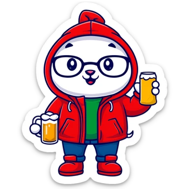 Catfish wearing a red hooded winter jacket, round glasses, blue jeans, red boots, holding a beer can with red label sticker