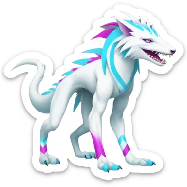 White elegant beautiful natural cute badass epic anthro modern albino sergal-vernid-Fakémon with cyan mane and magenta eyes with cyan edgy stripes, full body sticker