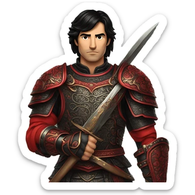 Vintage Tanned man with black hair and stern face wearing red and black armour holding sword vintage intricate patterns sticker