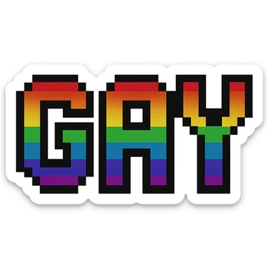 the word GAY in pixel art font with rainbow colors sticker