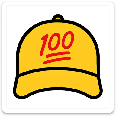 Embroider the red 100 emoji on the front of the yellow baseball cap, keeping the color outline icon style, with no background. sticker
