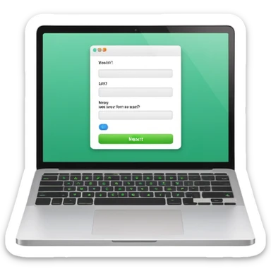 A emoji-style illustration of a laptop front facing with its screen showing onboarding form. On the screen, display a small white form card with a few simplified input fields. Add a bright green 'Next' button at the bottom of the card. sticker