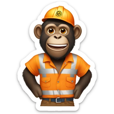 Very very very happy smiling stuffed teddy bear chimpanzee wearing an orange construction shirt  sticker