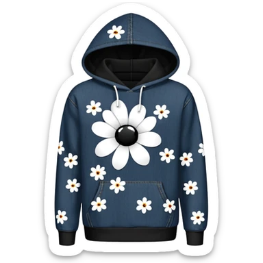 The BLACK Denim Tears Hoodie features a black base with distinctive white and black  open flower spots with empty space in the middle, These hollow ring-like patterns are scattered across. BLACK AND WHITE FLOWERS SPACED OUT FLOWERS, AND ONLY A FEW FLOWERS AND NO DOTS sticker