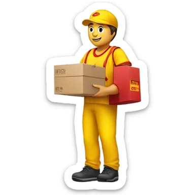 a delivery person with a yellow outfit with some red lines like the DHL logo. The delivery person carry somes carton boxes. sticker