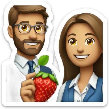 job applicant and a recruiter holding a strawberry sticker