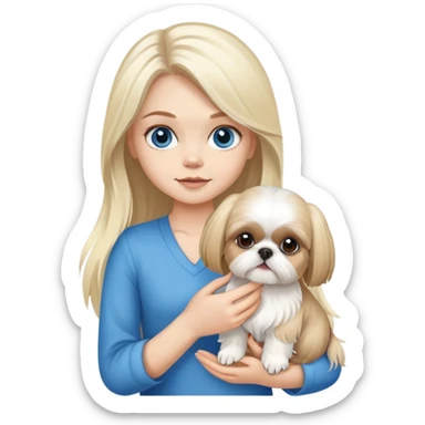 White blond girl with long hair and blue eyes holding a small female shih tzu dog sticker