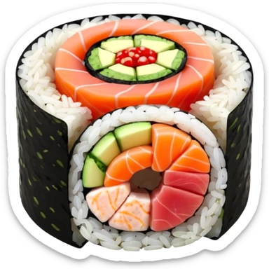 single round sushi maki cross-section, rice ring and colorful center sticker