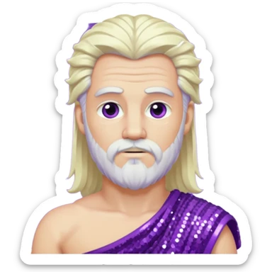 Zeus from Greek Gods with long platinum blonde hair and short beard, purple sequin toga sticker