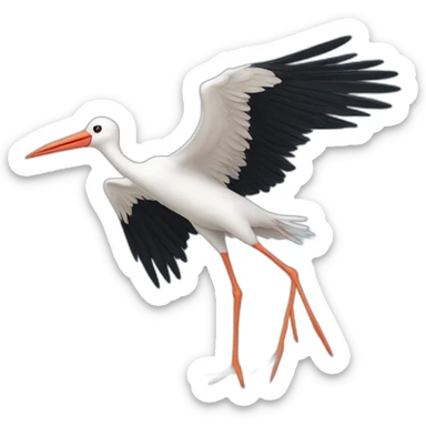  white stork with long legs and a long beak flying in the sky. The stork is carrying a blue bundle of cloth in its beak that has a cute baby face peeking out from it sticker