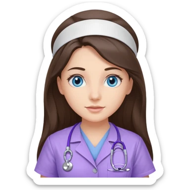 pretty brunette nurse with long hair and blue eyes in lilac scrubs sticker