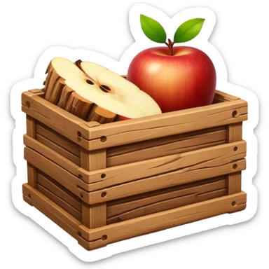 wooden box emoji, open crate with a log placed inside, realistic wood textures, vivid highlights, apple emoji style sticker