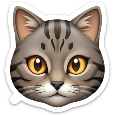 cinematic-cute-grey-and-black-brown-tabby-cat-portrait-emoji,-head-tilted-playfully-and-inquisitively,-sleek-grey-brown-fur-with-bold-black-tabby-stripes-and-a-distinctive-m-shaped-marking-on-the-forehead,-sparkling-amber-eyes,-simplified sticker