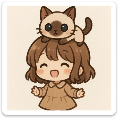 a cute girl with a siamese cat perched on her head, chibi style, adorable and small proportions sticker