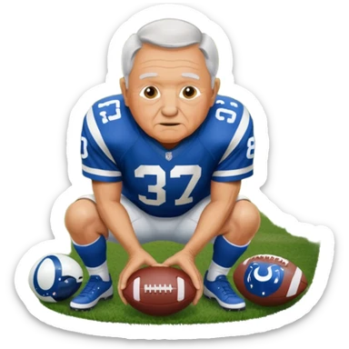 A grandpa playing football wearing an Indianapolis Colts jersey is. Show him kind of crouch down to the ground, holding the football and show the name rivers on the back of his jersey. sticker