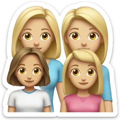 A mom with a bob haircut is a blonde,   A teenage girl with long hair is a blonde,   A younger girl has brown hair,   A 4-year-old boy is blonde. sticker