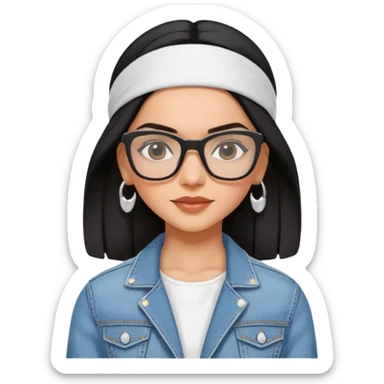 generate a pretty bratz emoji 
Make her wear a white dress with a denim jacket over it. black hair side part with a white headband

She should look exactly  like Deepika padukone. wearing rectangular spectacle sticker