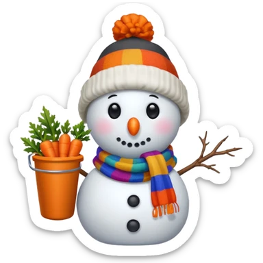 A snowman wearing a colorful scarf and a tiny bucket hat. sticker